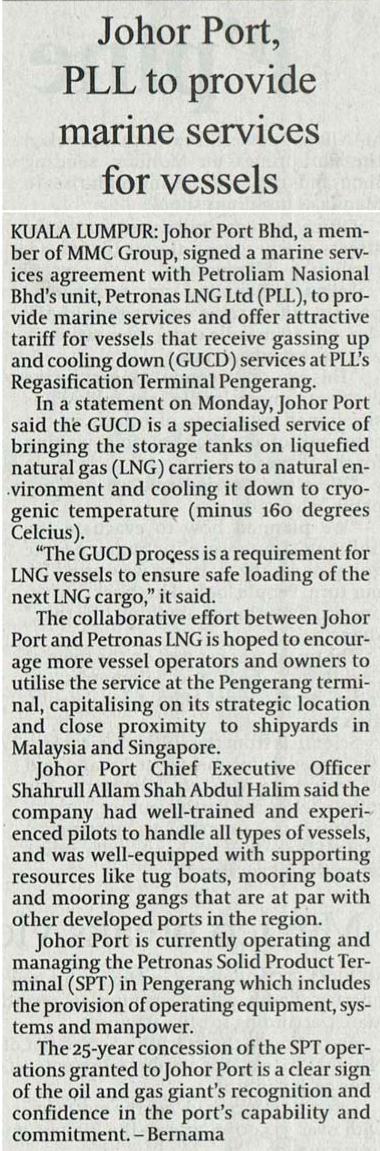Johor Port, Petronas LNG To Provide marine services for vessels