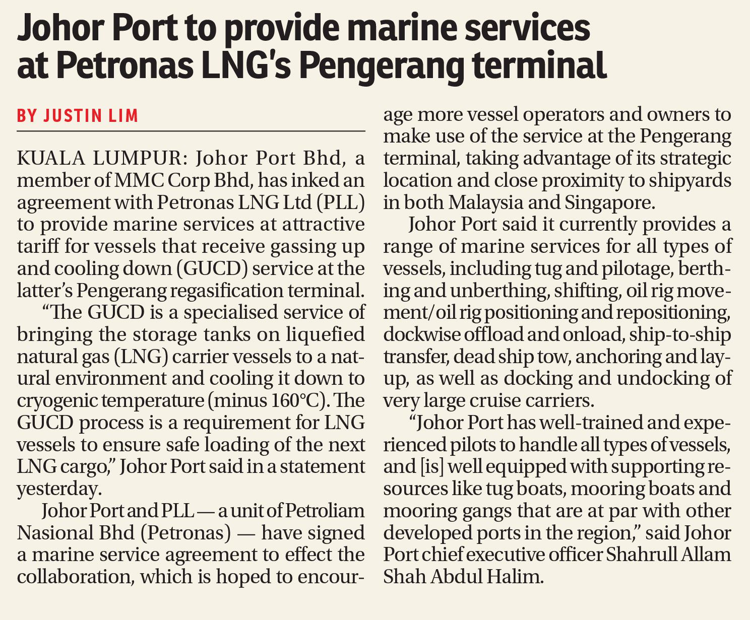 Johor Port, Petronas LNG To Provide marine services for vessels
