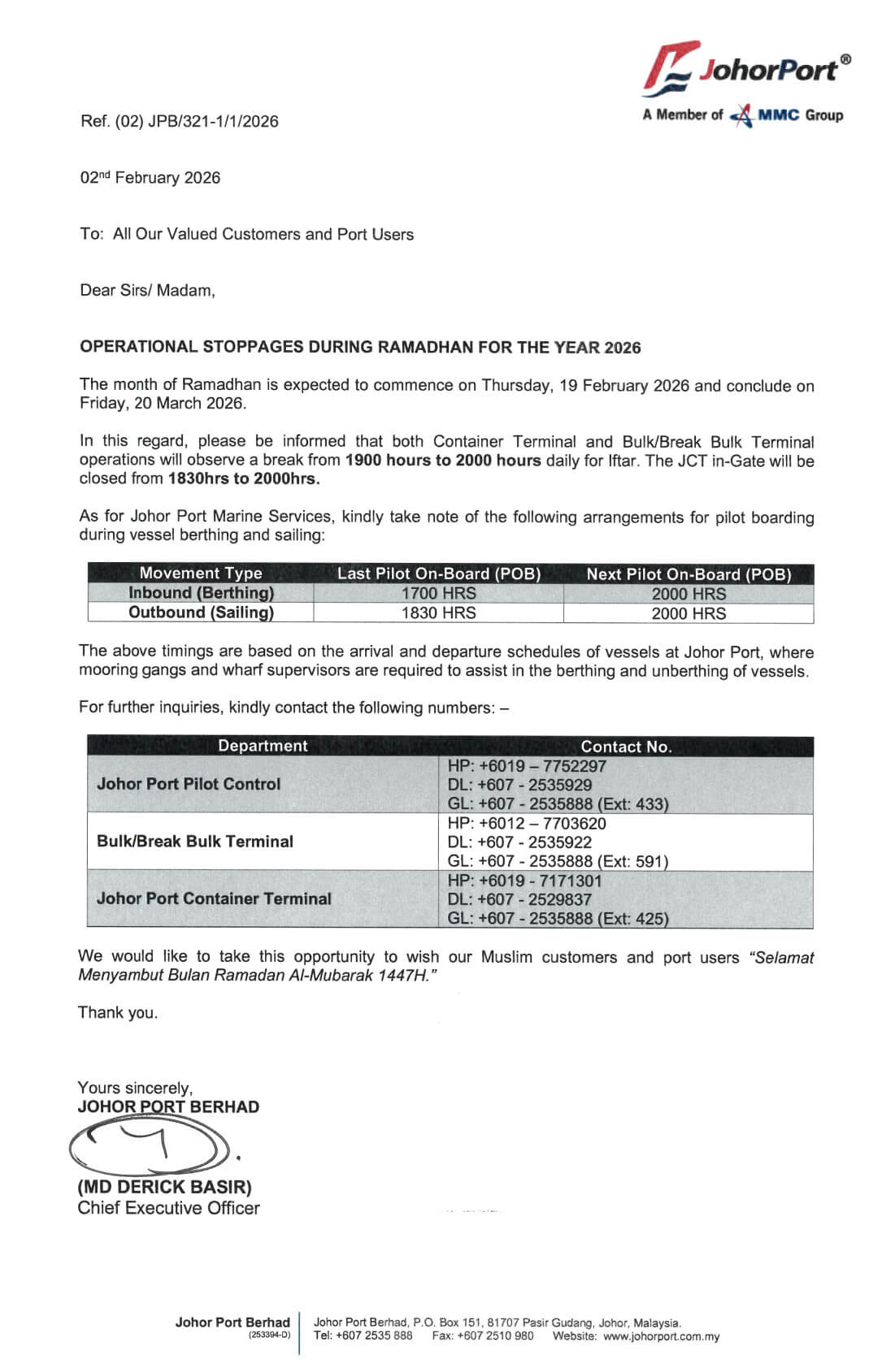 Operational Stoppages During Ramadhan