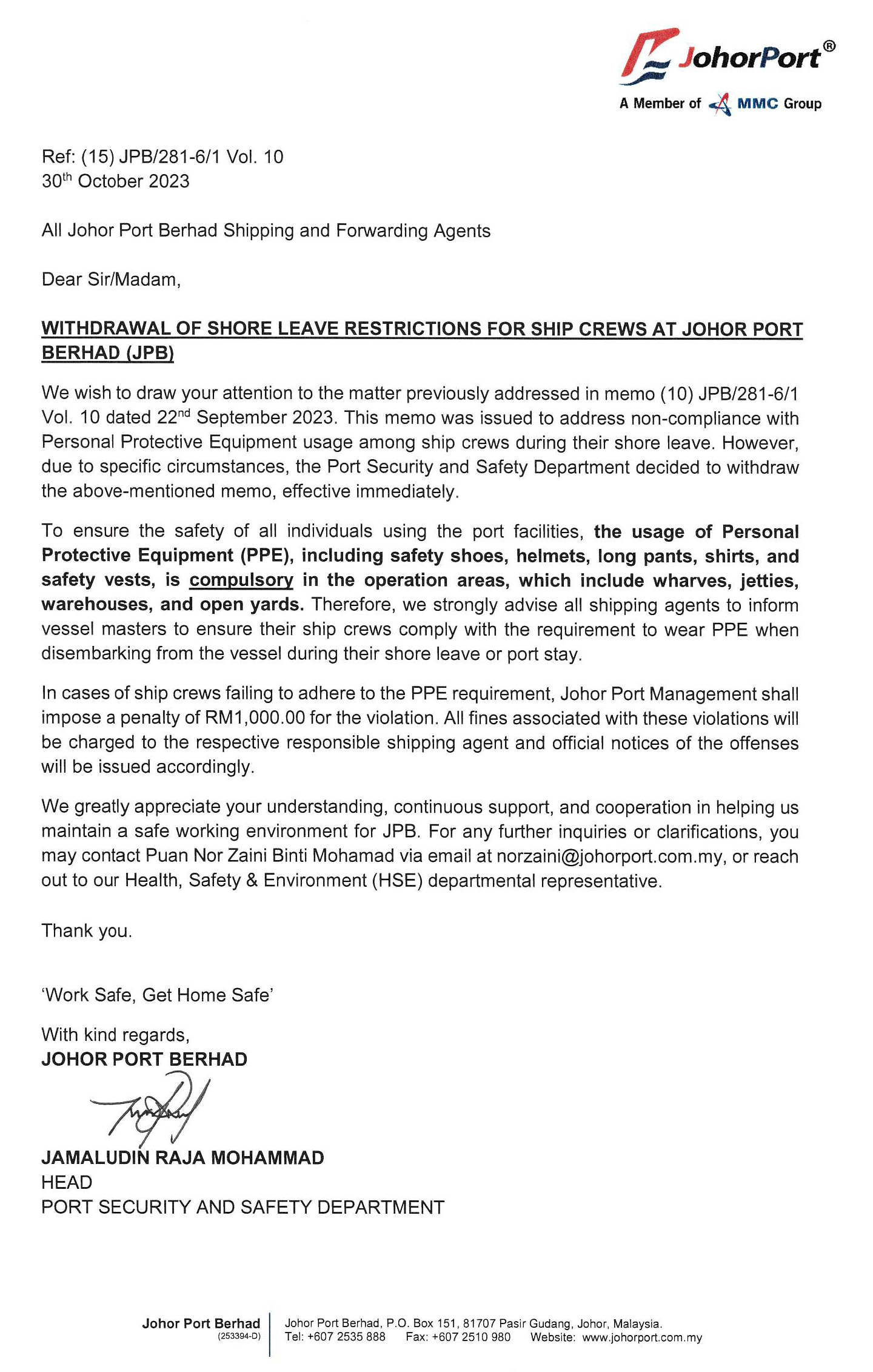 Johor Port Withdrawal of Shore Leave Restrictions fpr Ship Crews at