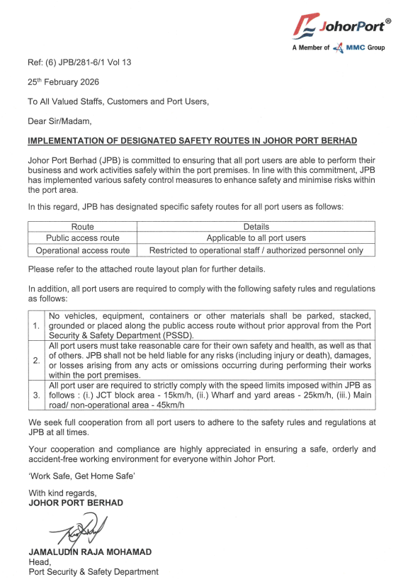 Implementation Of Designated Safety Routes In Johor Port Berhad