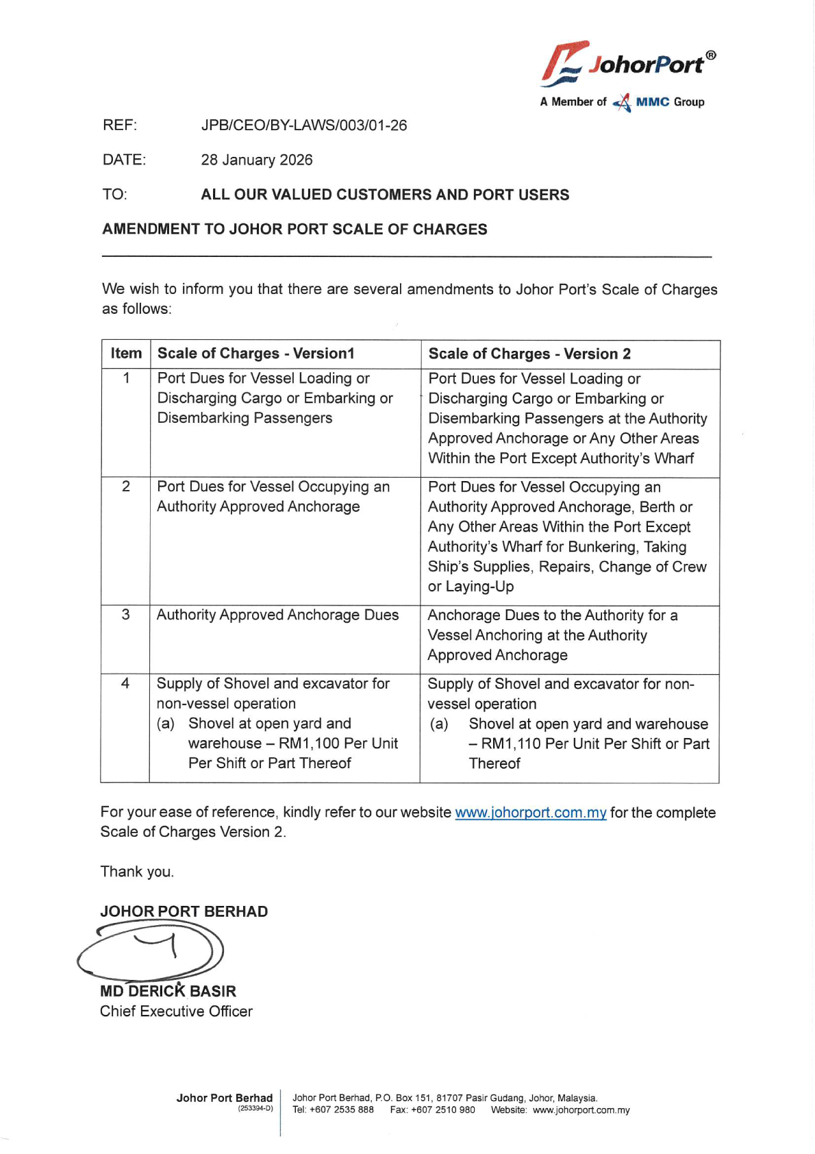 Revision of Scale of Charges Notice