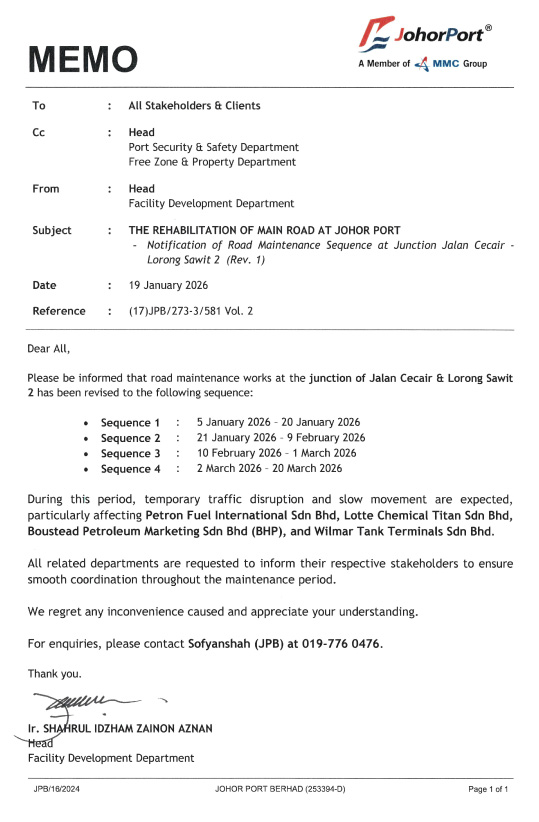 Memo Notification of Road Maintenance