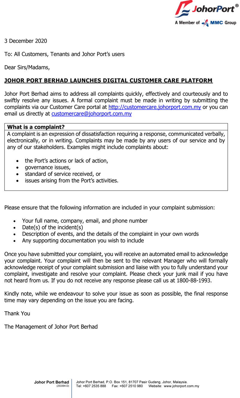  Johor Port Berhad Launches Digital Customer Care Platform