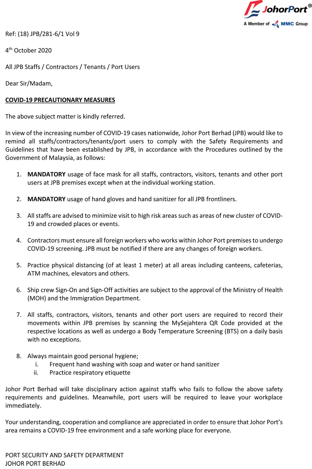 COVID-19 PRECAUTIONARY MEASURES