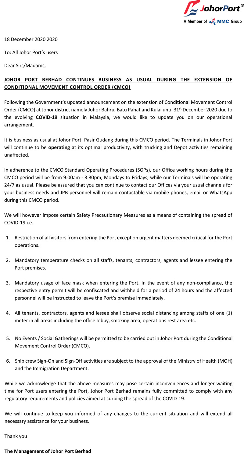  JOHOR PORT BERHAD CONTINUES BUSINESS AS USUAL DURING CMCO_18 Dec 2020