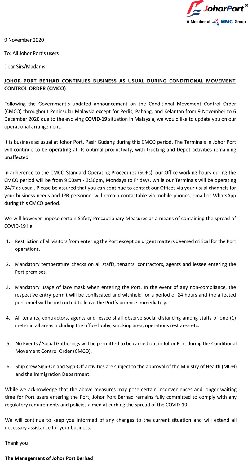  JOHOR PORT BERHAD CONTINUES BUSINESS AS USUAL DURING CMCO