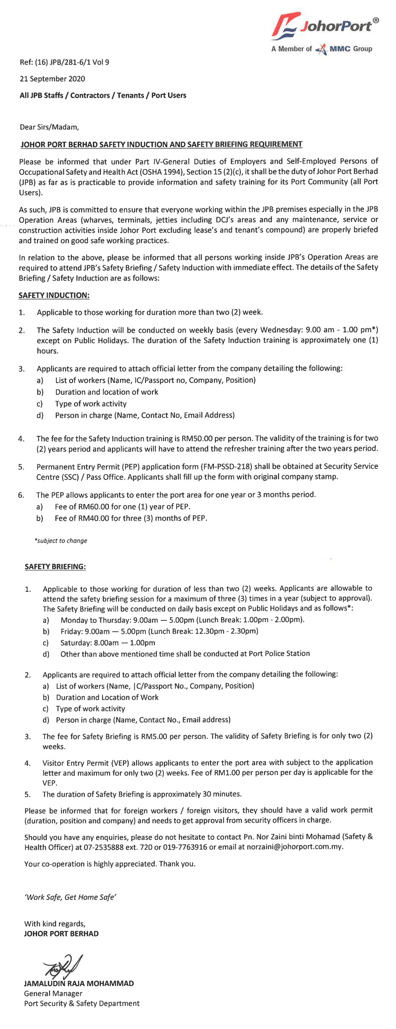 Johor Port Berhad Safety Induction and Briefing Requirement