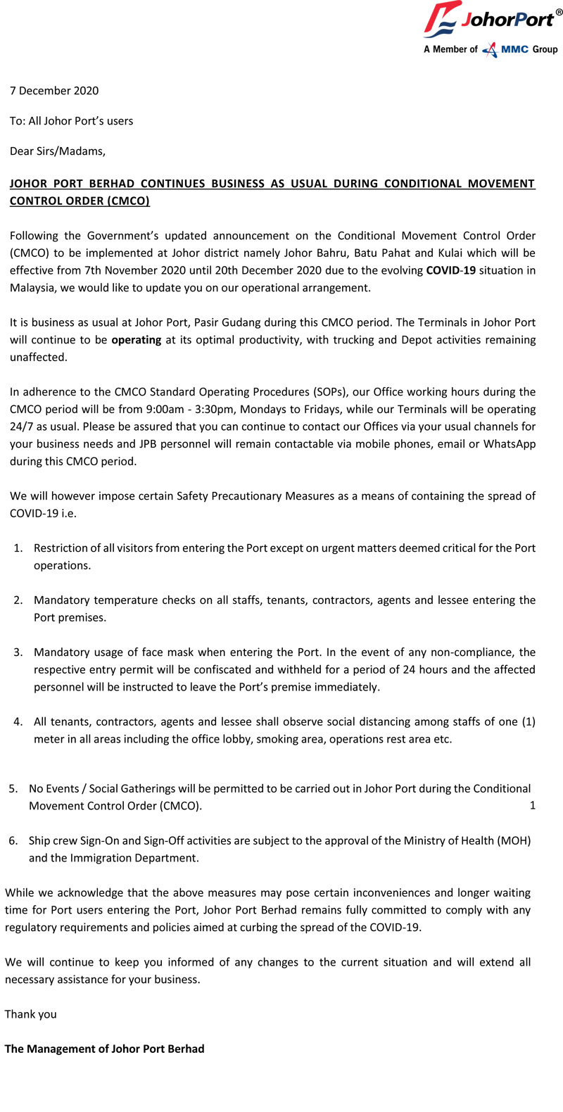  JOHOR PORT BERHAD CONTINUES BUSINESS AS USUAL DURING CMCO
